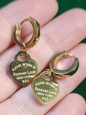 Sterling Silver Gold Plated Heart Tag Drop Earrings New York Style 925